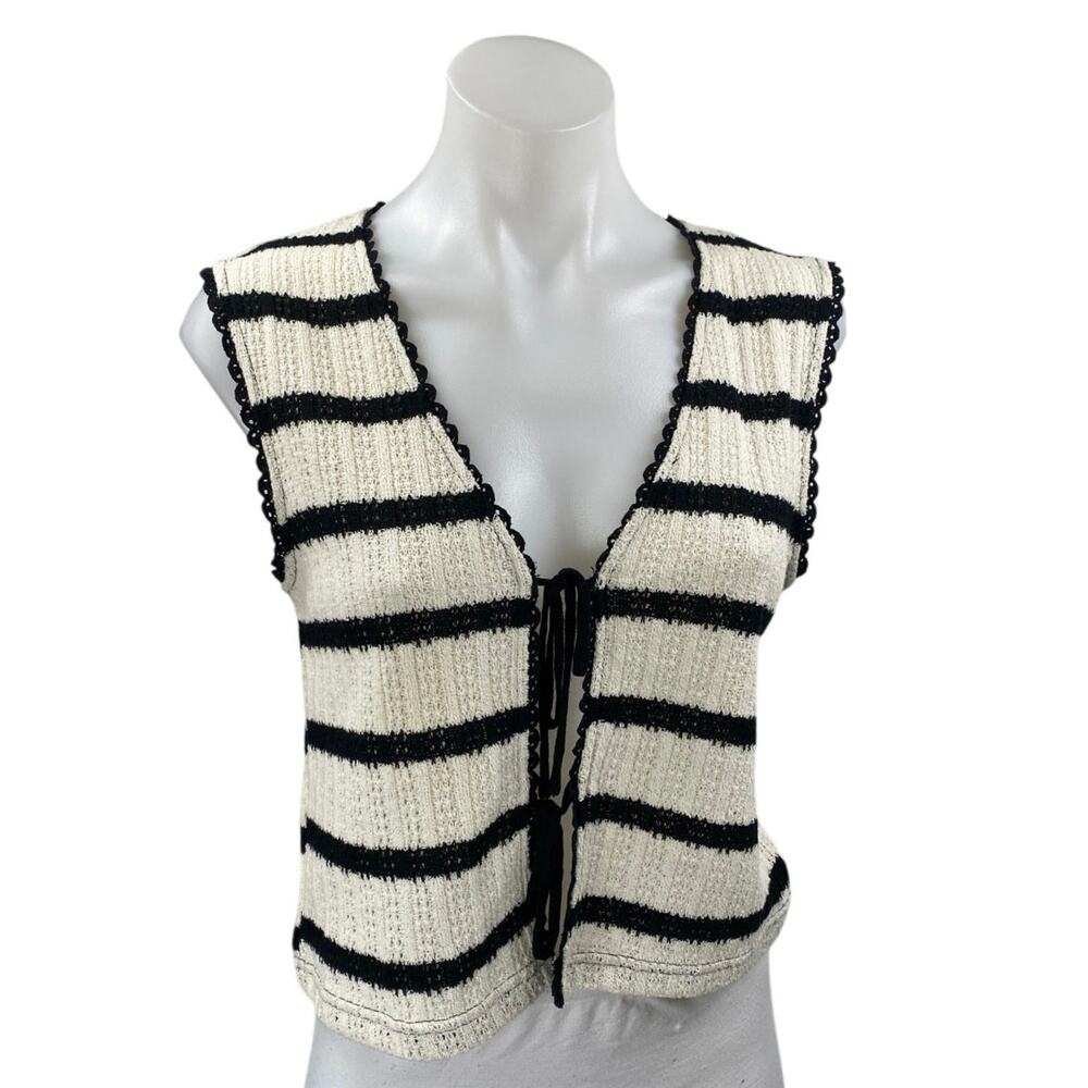 MNG Mango Women's Cream Black Striped Crochet Knit Sleeveless Crop Tank Top Sz S